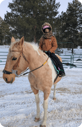 Child on palomino horse in snowy arena